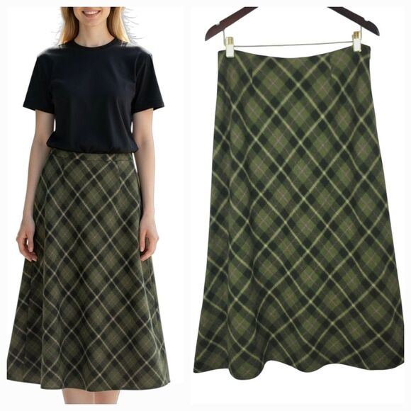 Vintage 90s Y2K Chadwicks Wool Blend A-line Plaid Midi Skirt in Green Size 12P - Picture 1 of 10